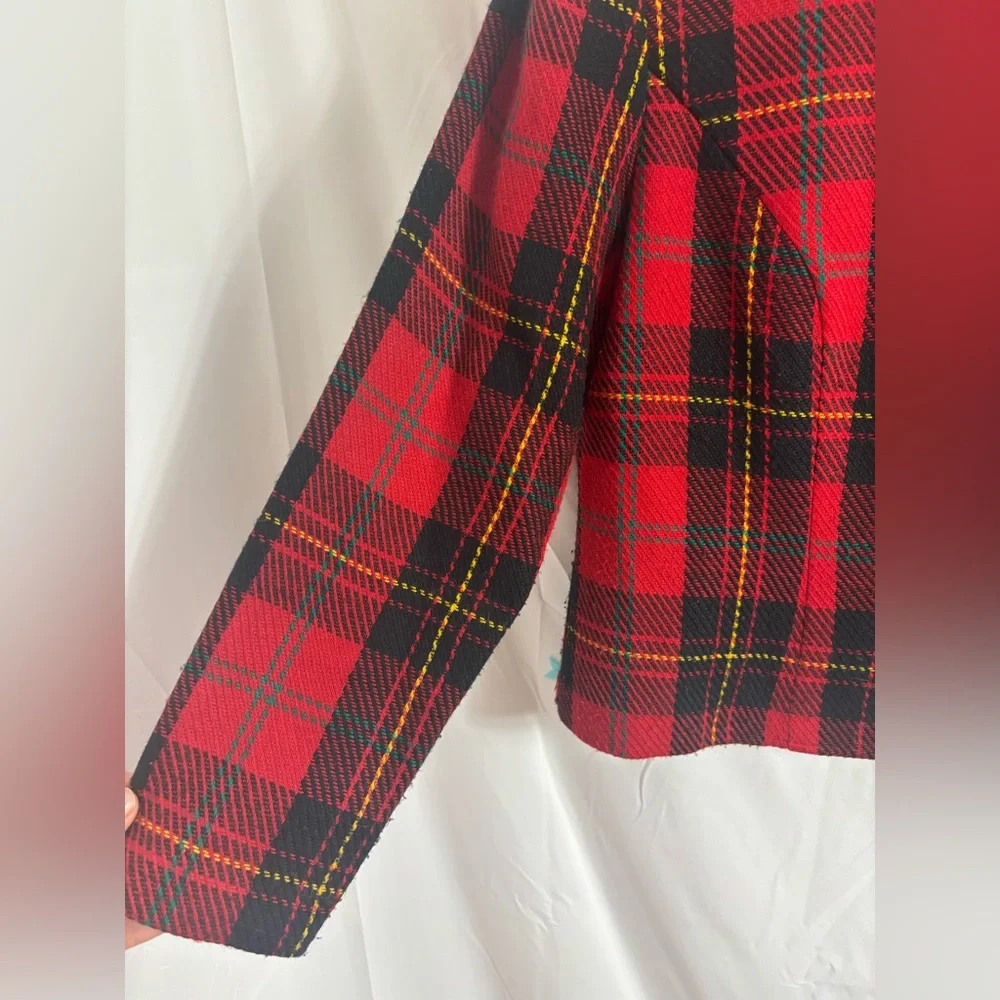 VTG Red+Black Plaid Bomber Jacket Faux‎ Suede Collar Gold+Black Epaulet Size S/M